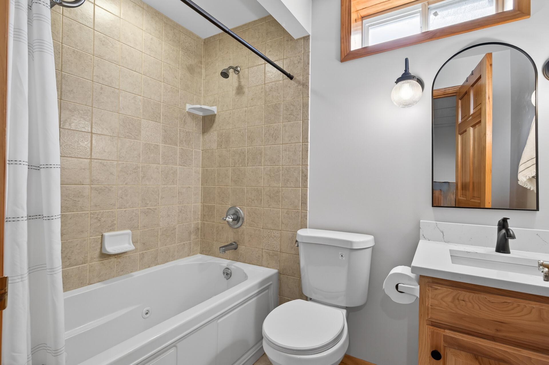 Lower level Full Bath, new toilet, mirror, sink & lighting