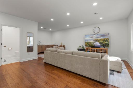 Recessed lighting throughout the newly completed lower level!