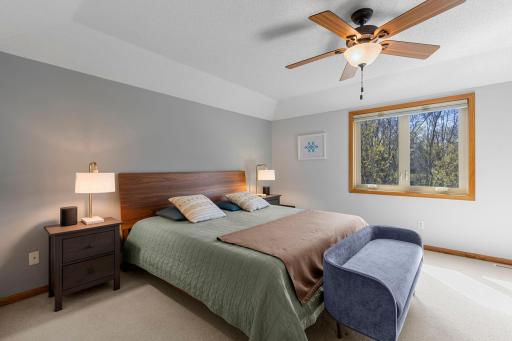 Spacious primary bedroom suite with tray ceilings, plush carpeting, a walk-in closet and private full bathroom!