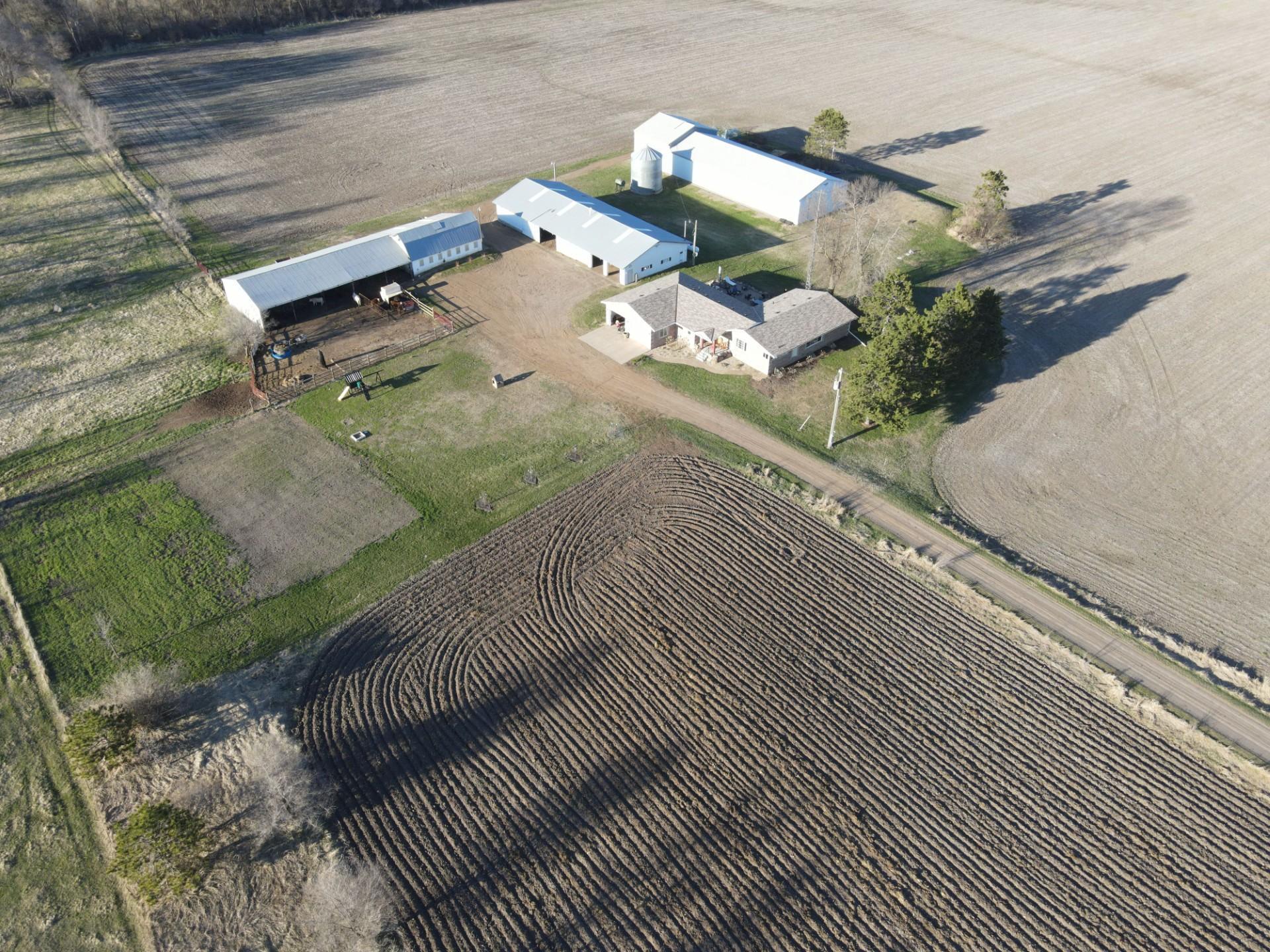 Aerial view - house and outbuildings
