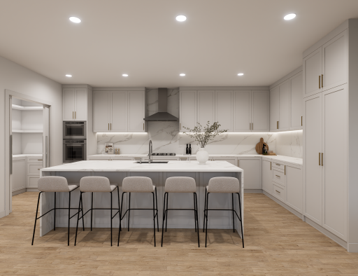 The spacious chef's kitchen features custom cabinets, quartz countertops and top of the line appliances. These are renderings of the home, finishes can be changed.