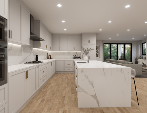 The unit features nine foot ceilings throughout with the cabinets reaching all the way to the ceiling. These are renderings of the home, finishes can be changed.