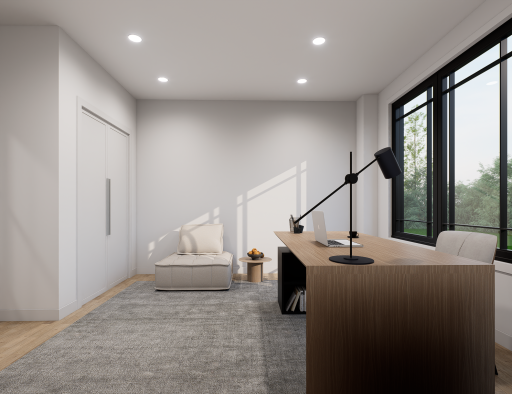 The main floor office can also be used as a third bedroom. These are renderings of the home, finishes can be changed.