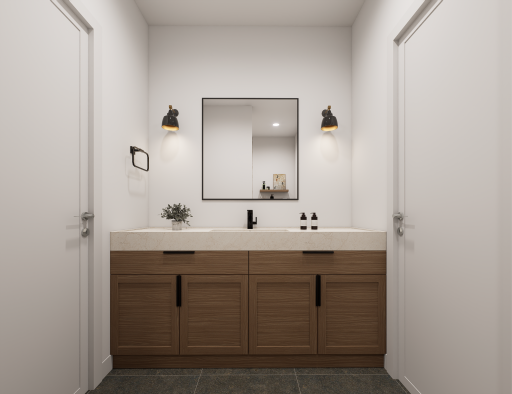 The second en-suite features a double vanity. These are renderings of the home, finishes can be changed.
