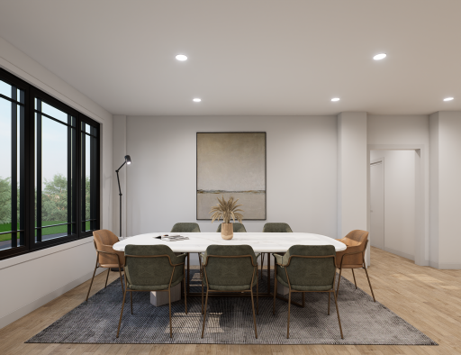 The dining room is ample size for most dining sets. These are renderings of the home, finishes can be changed.