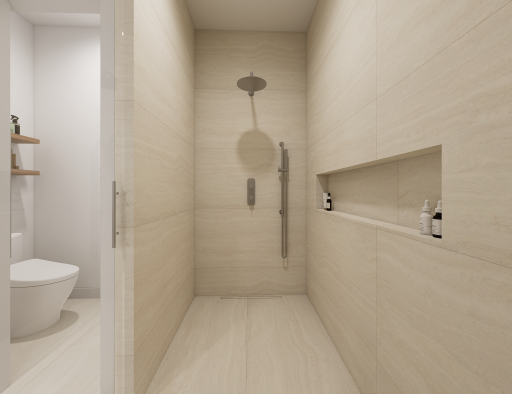 The wall in shower features a dual valve fixtures and floor to ceiling tile. These are renderings of the home, finishes can be changed.