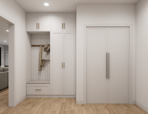 The large foyer features a coat closet in addition to bench space with more storage. These are renderings of the home, finishes can be changed.