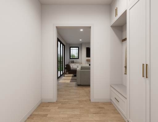 The units feature white oak hardwood floors throughout the main floor. These are renderings of the home, finishes can be changed.