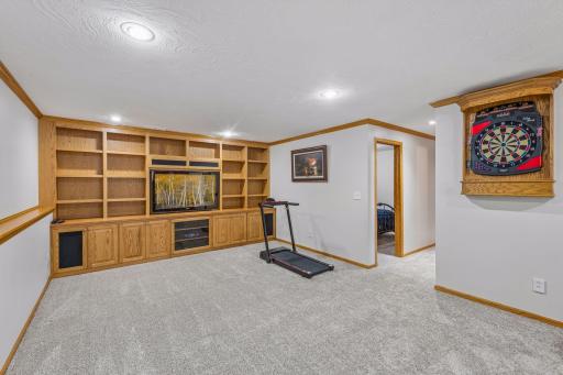 Lower level family room has a useful built in bookcase