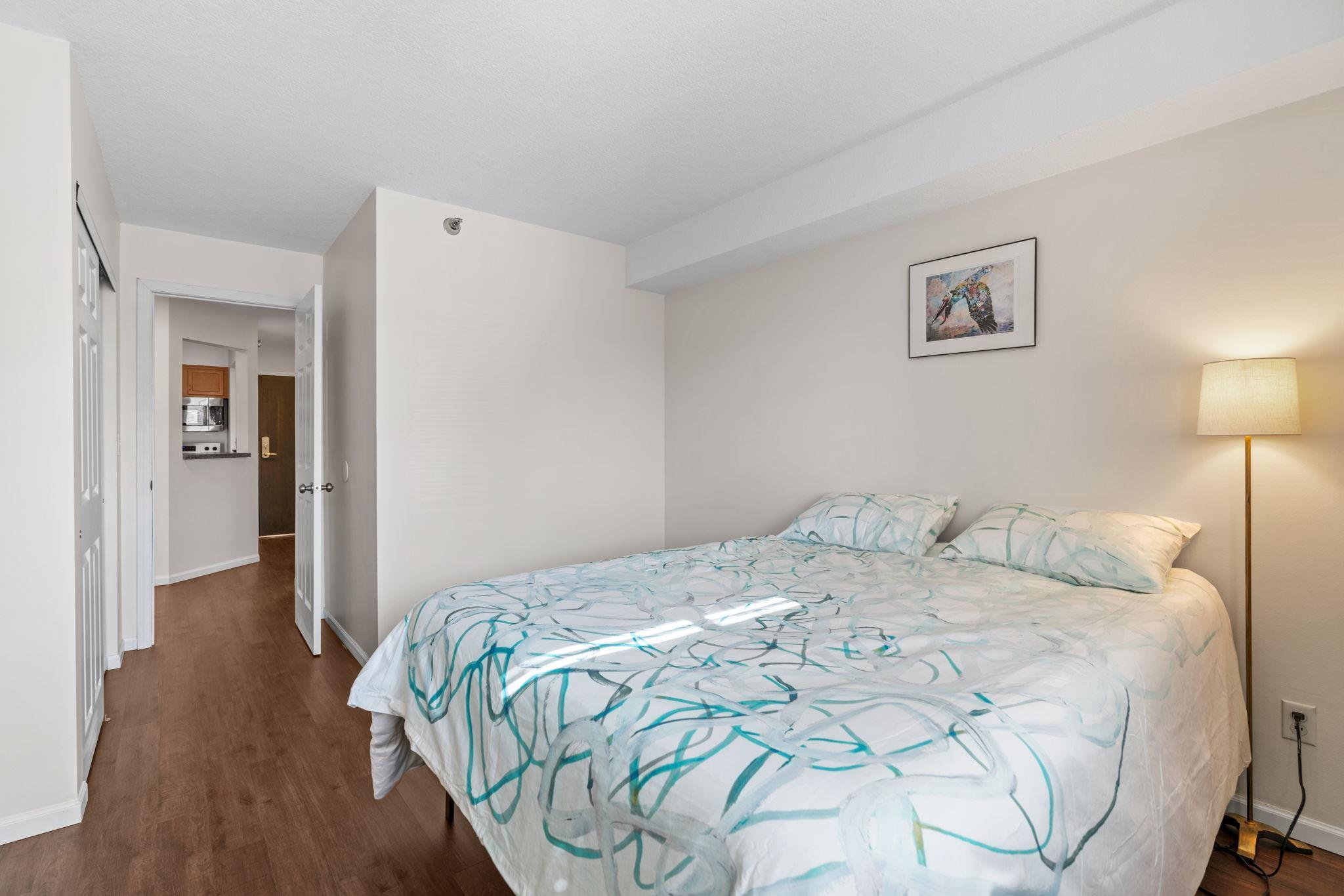 Bedroom fits a king sized bed. Queen sized bed in picture