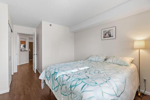 Bedroom fits a king sized bed. Queen sized bed in picture