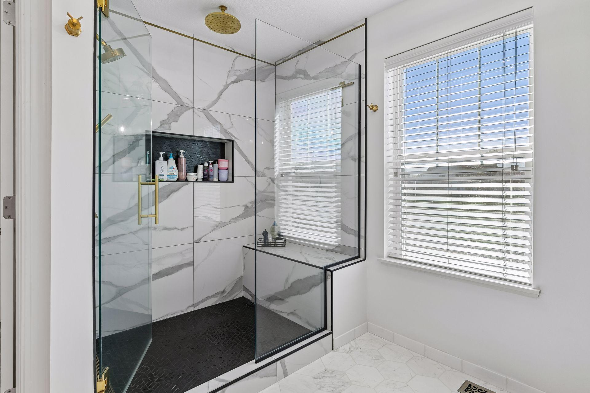 Primary Shower w/ Oversized Tile, Rain Showerhead, and Shower Wand