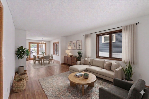 Sprawling main level includes a front living room paired with a dining room that walks out to the back yard deck (photo virtually staged).