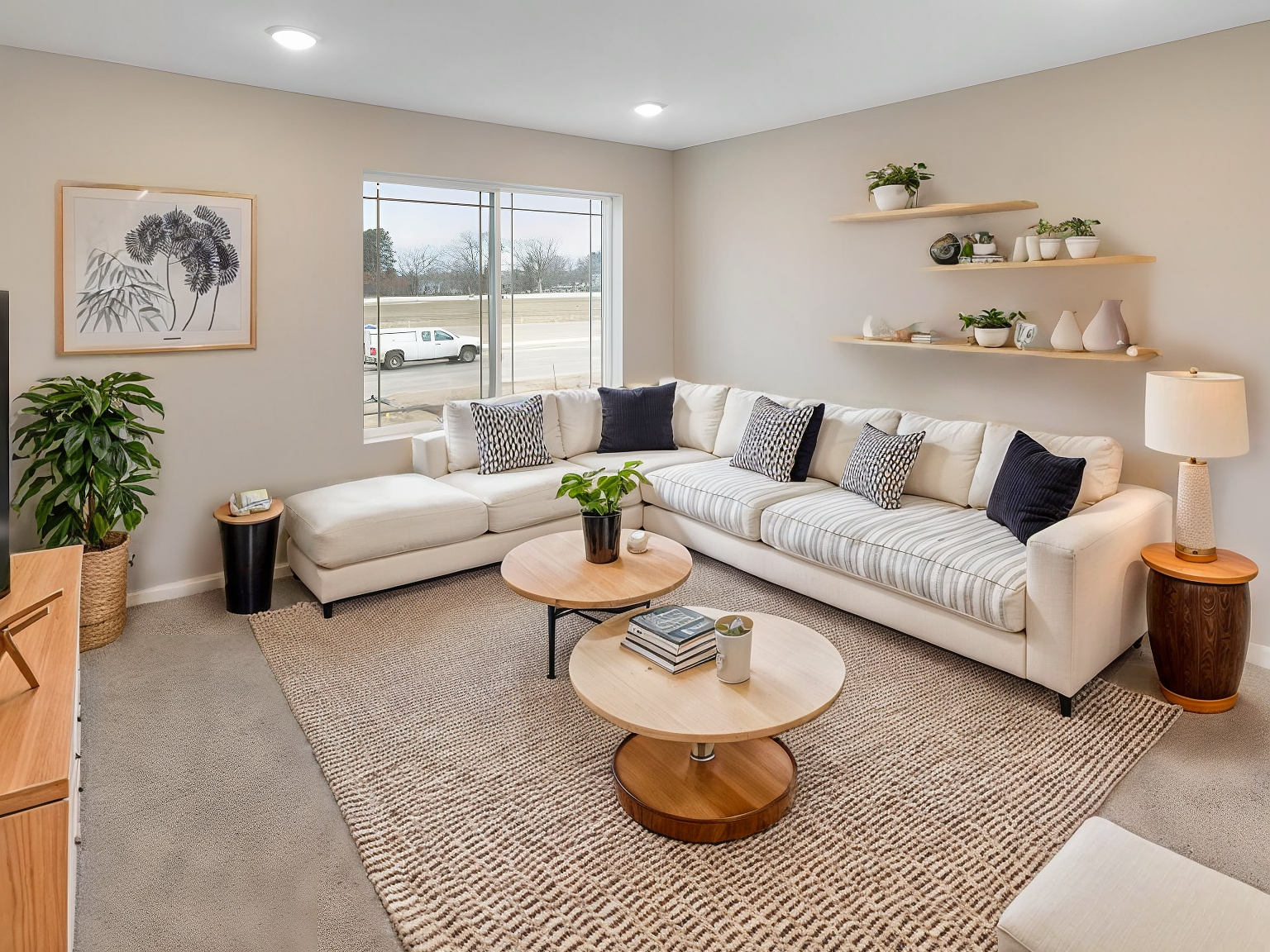 Living Room, Virtually Staged. Photo taken of another home with similar plan and finishes. Photos and renderings may not depict actual plan, materials, & finishes may vary. All measurements are approximate.