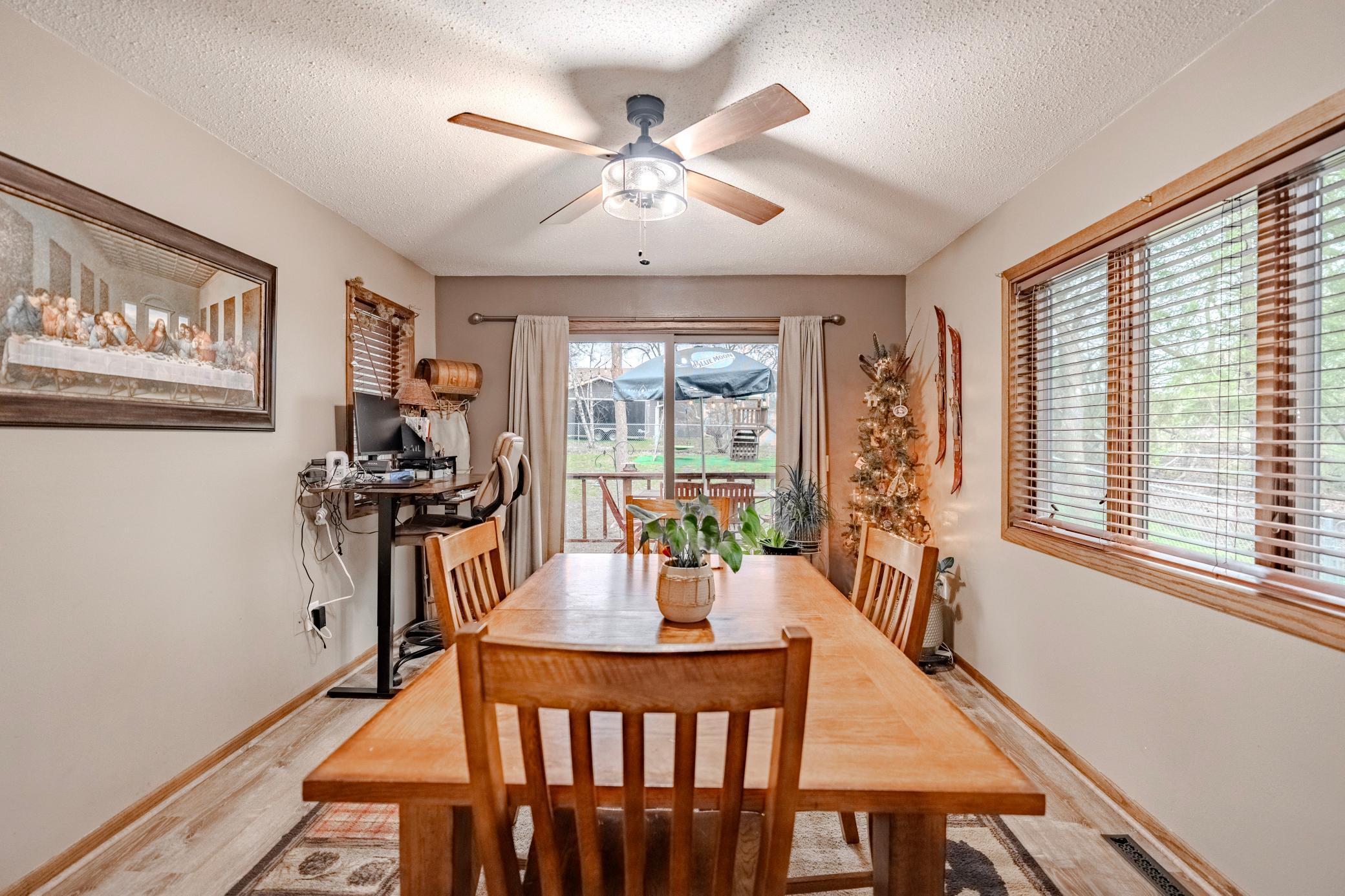 Spacious deck and patio doors off dining room