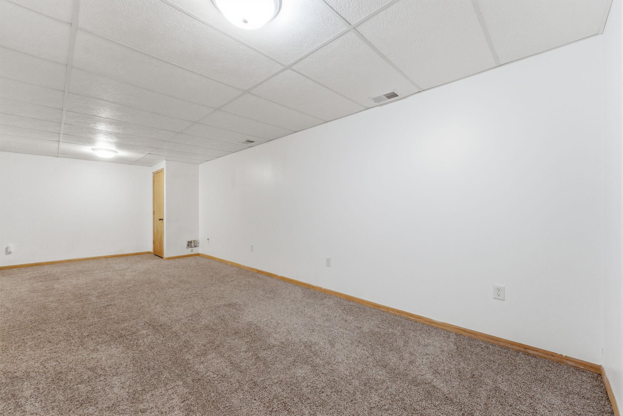 Large lower level family/recreation room is a great space to set up a movie room!