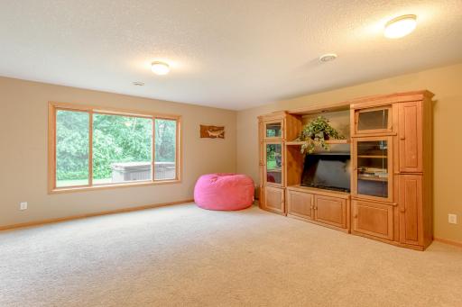 Bright and inviting family room features large windows that bring in natural light and views of the backyard.