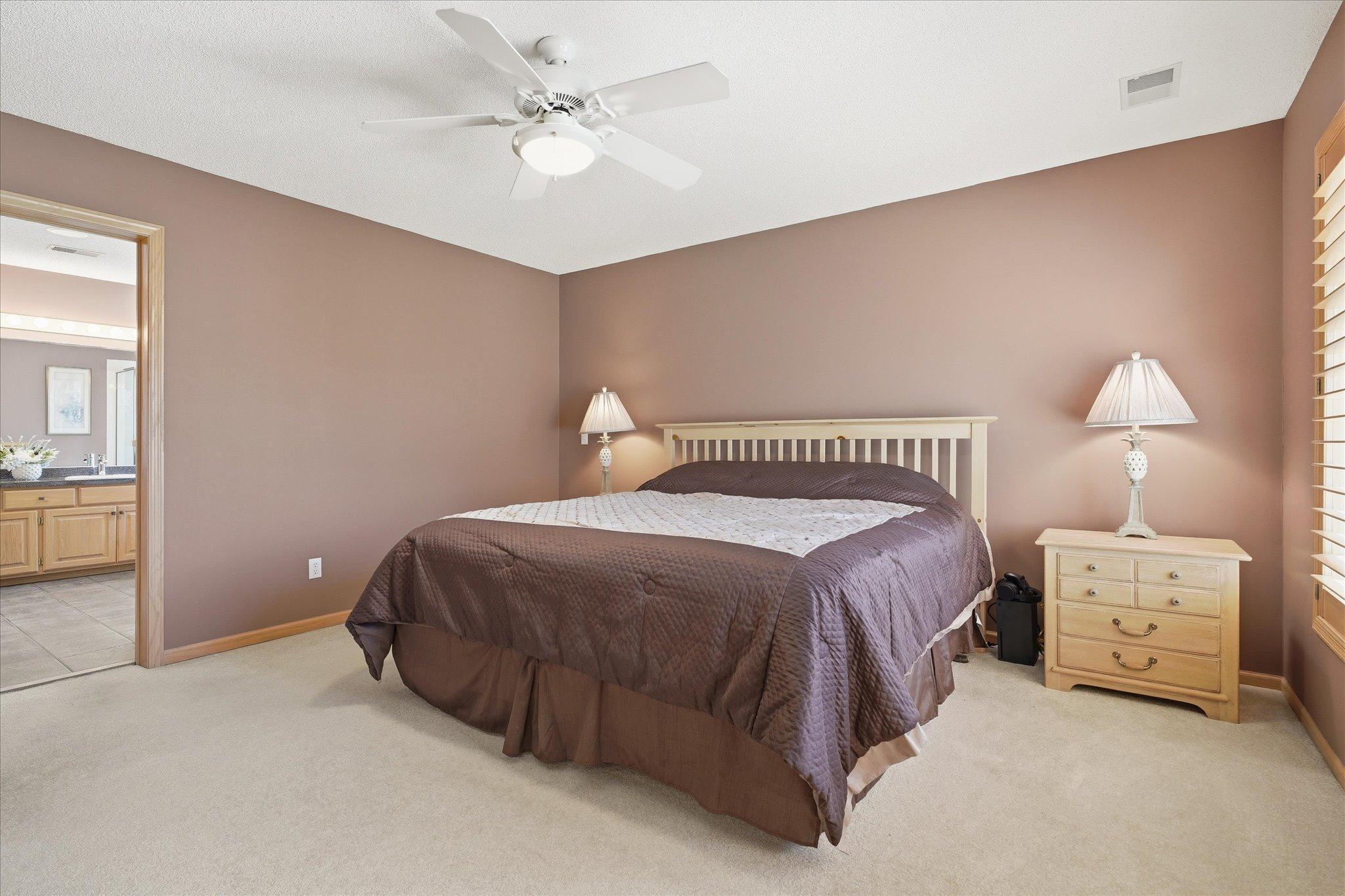 Spacious Primary Bedroom Suite features: huge walk-in closet, neutral carpet, tasteful paint, quality wood louvers blinds and ceiling fan/light
