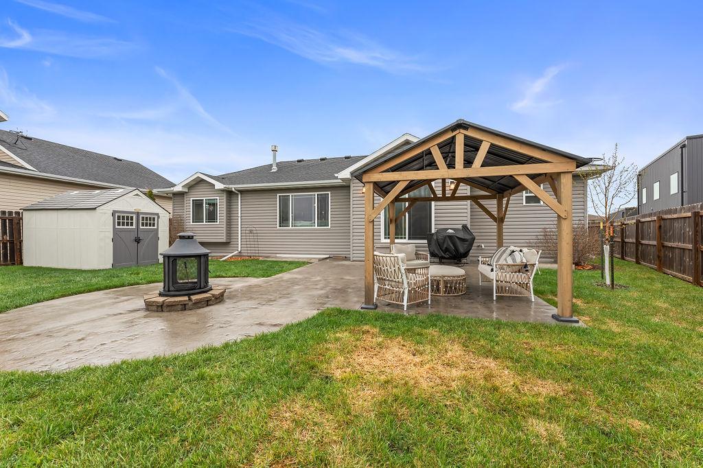 Concrete stamped patio, Built-in firepit area, Gazebo