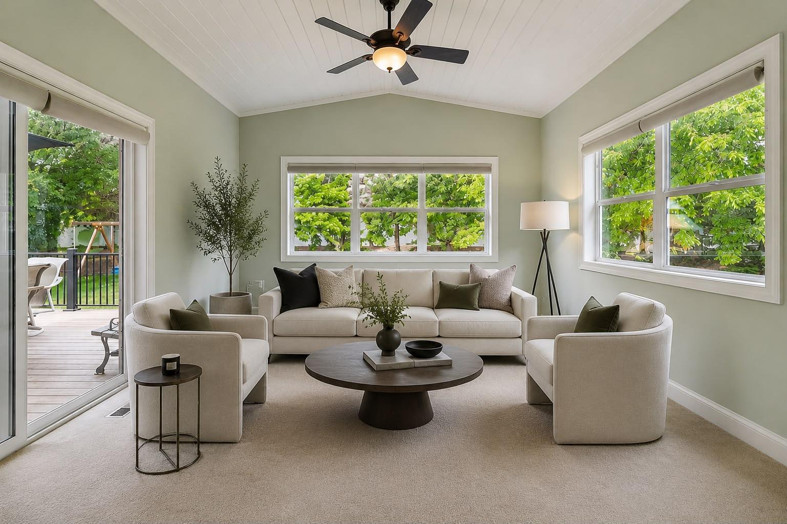 Sunroom with vaulted ceiling, ceiling fan, and window walls on two exposures, virtually staged