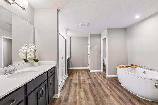 Primary bathroom includes dual vanities, tiled walk in shower, soaking tub and large walk in closet