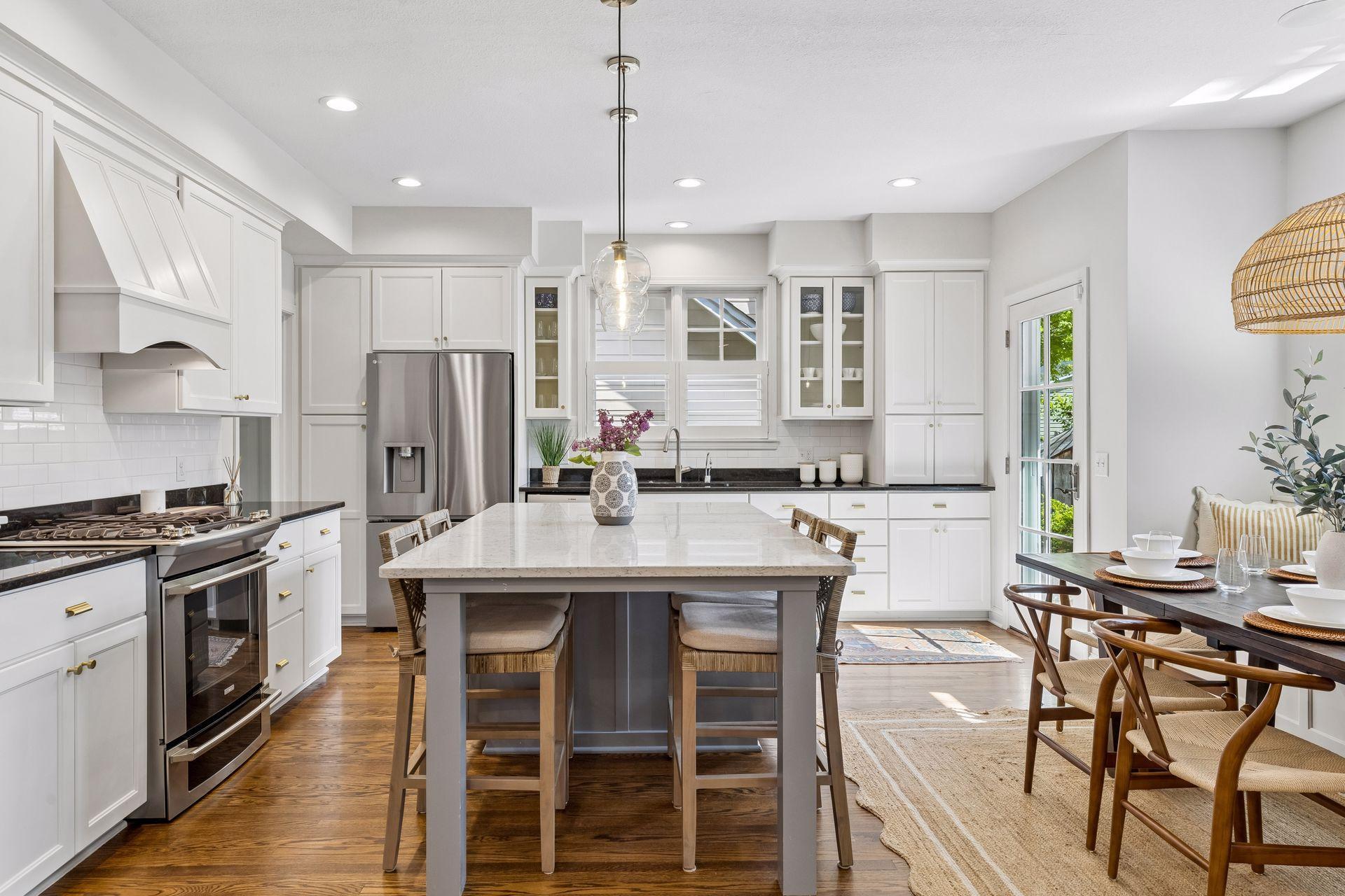 Large and open kitchen with great storage and stainless steel appliances.