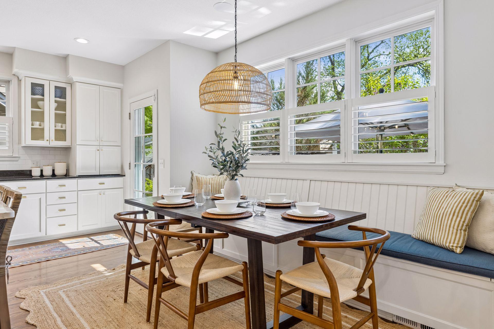 Built-in banquette dining bench with custom cushions and storage.
