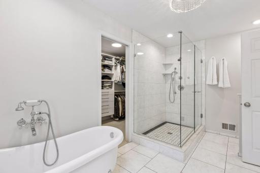 Freestanding clawfoot tub and separate step-in shower with glass wall.