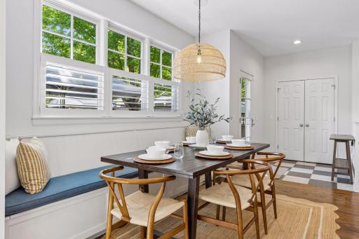 Dining bench is 11' long, to accommodate many different table sizes.