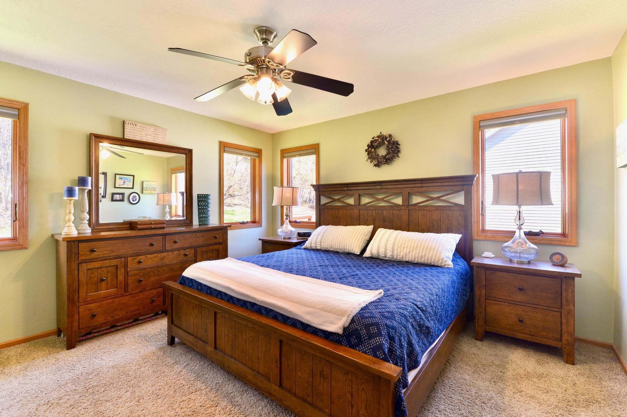 Primary Bed fits a king size bed and has many windows