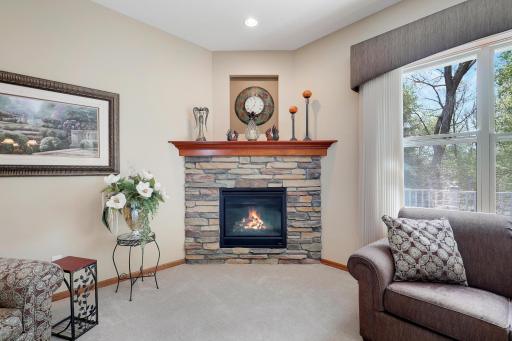 Beautiful stone surround on the gas-burning fireplace.