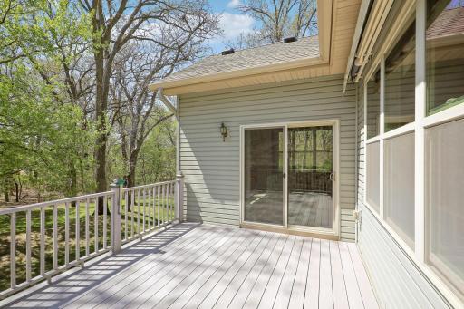Large composite south facing deck with power retractable awning for instant shade.