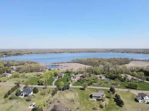 Drone photo looking 2 blocks north to Lake George.