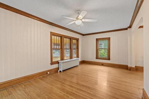 Heavy oak woodwork of windows, baseboard & ceilings