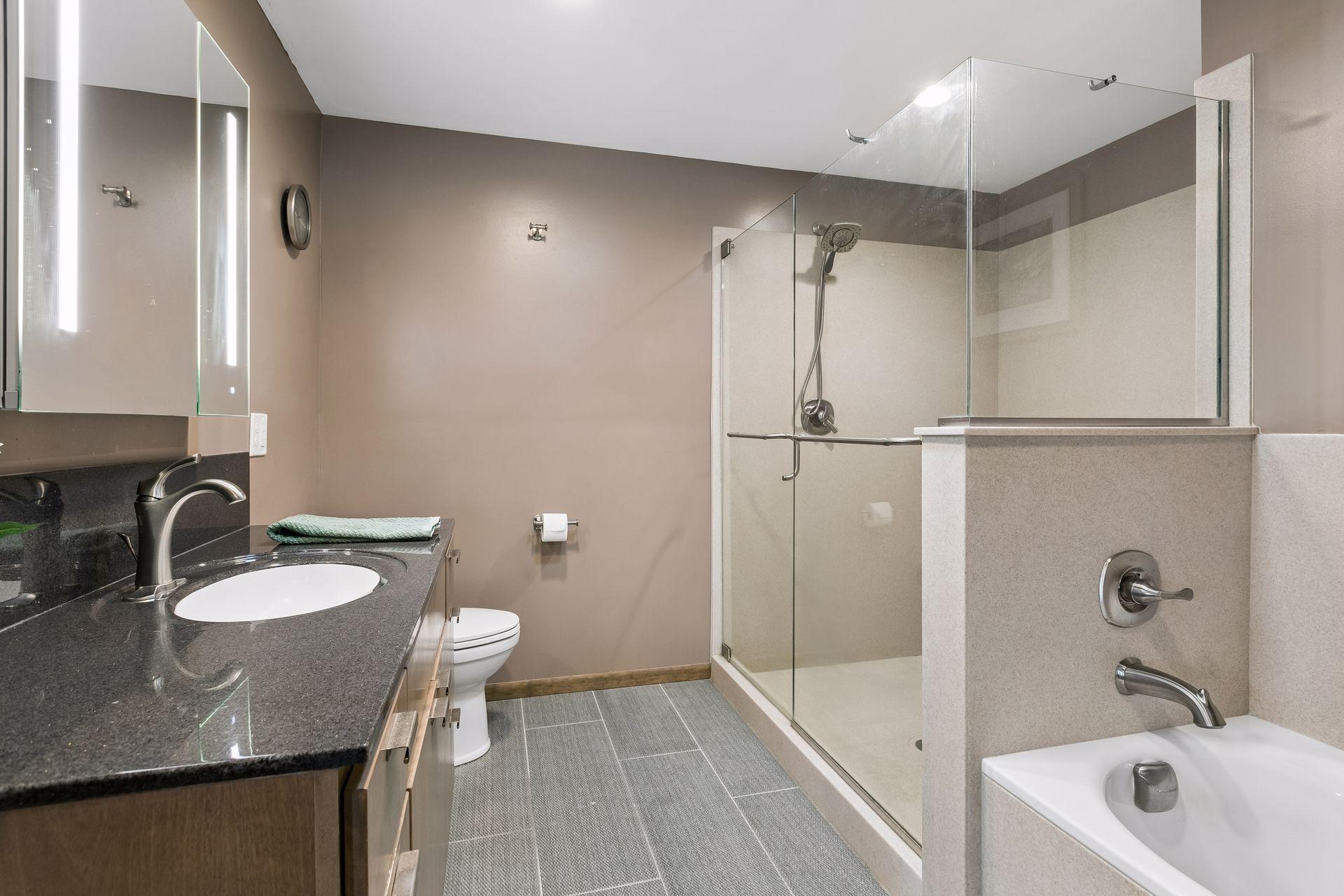 Recently remodeled primary ensuite bath features walk-in shower and soaking tub