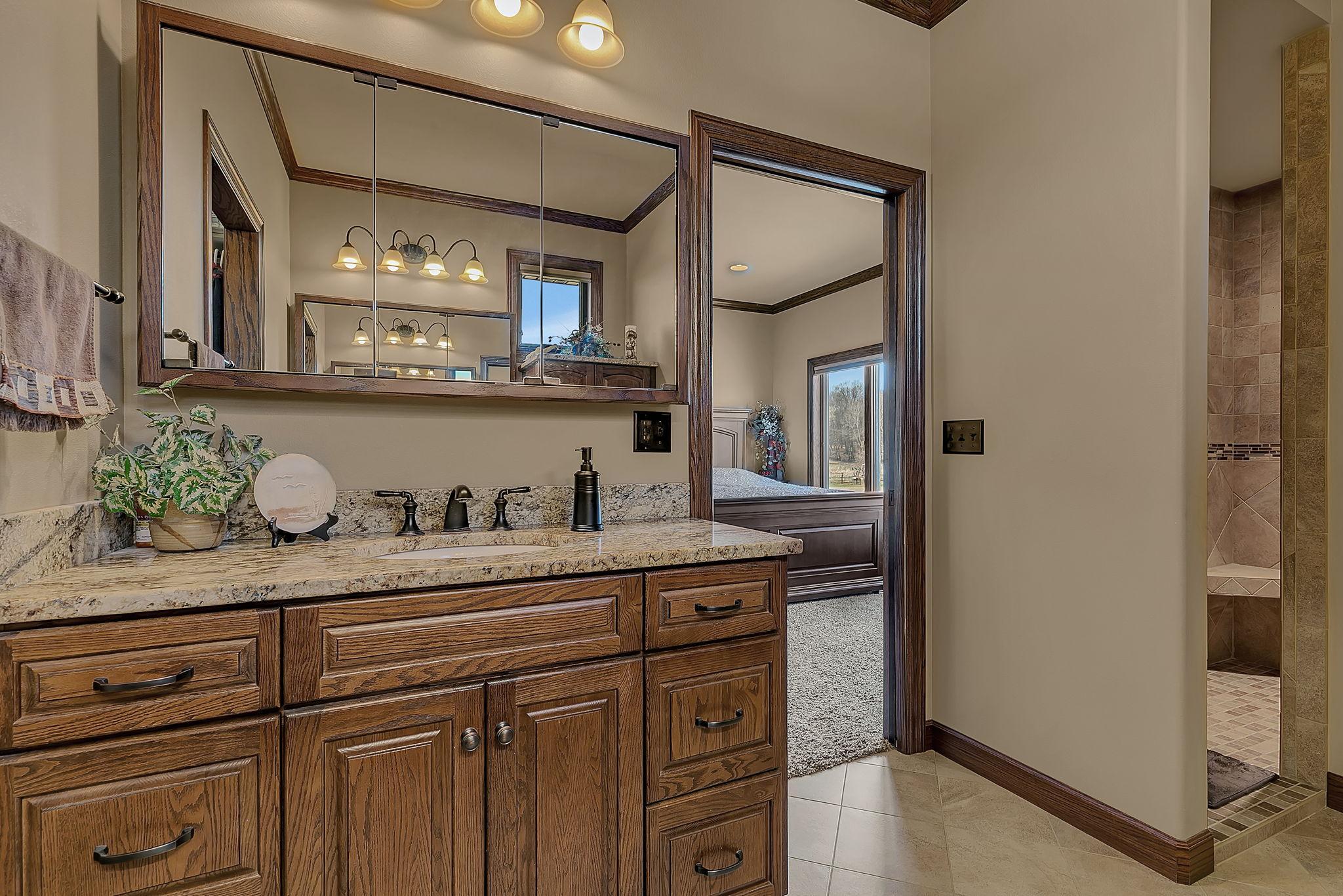 Primary bath suite with double sinks and walk-in tile shower