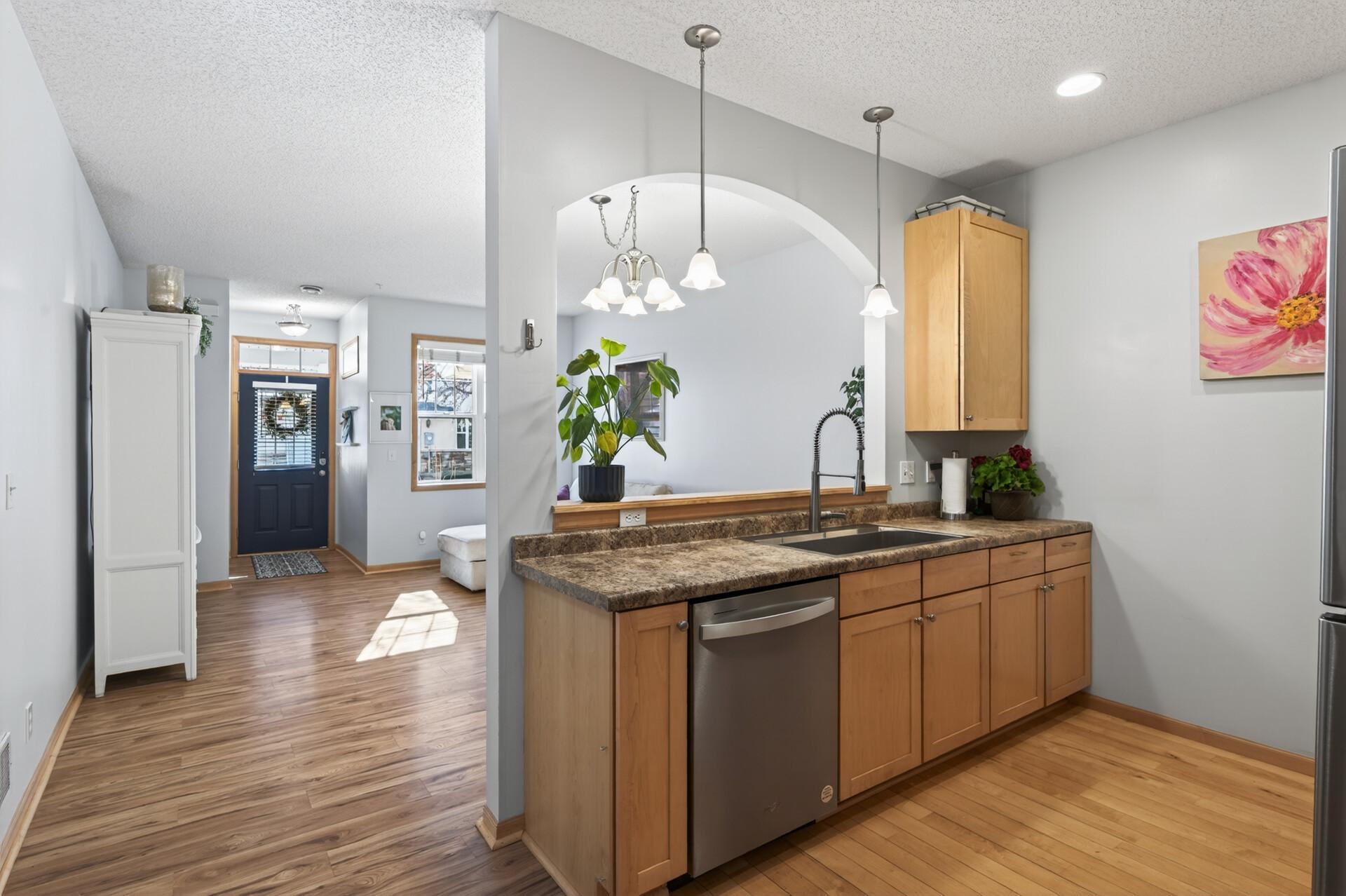 The kitchen opens into the dining room, making for easy entertaining
