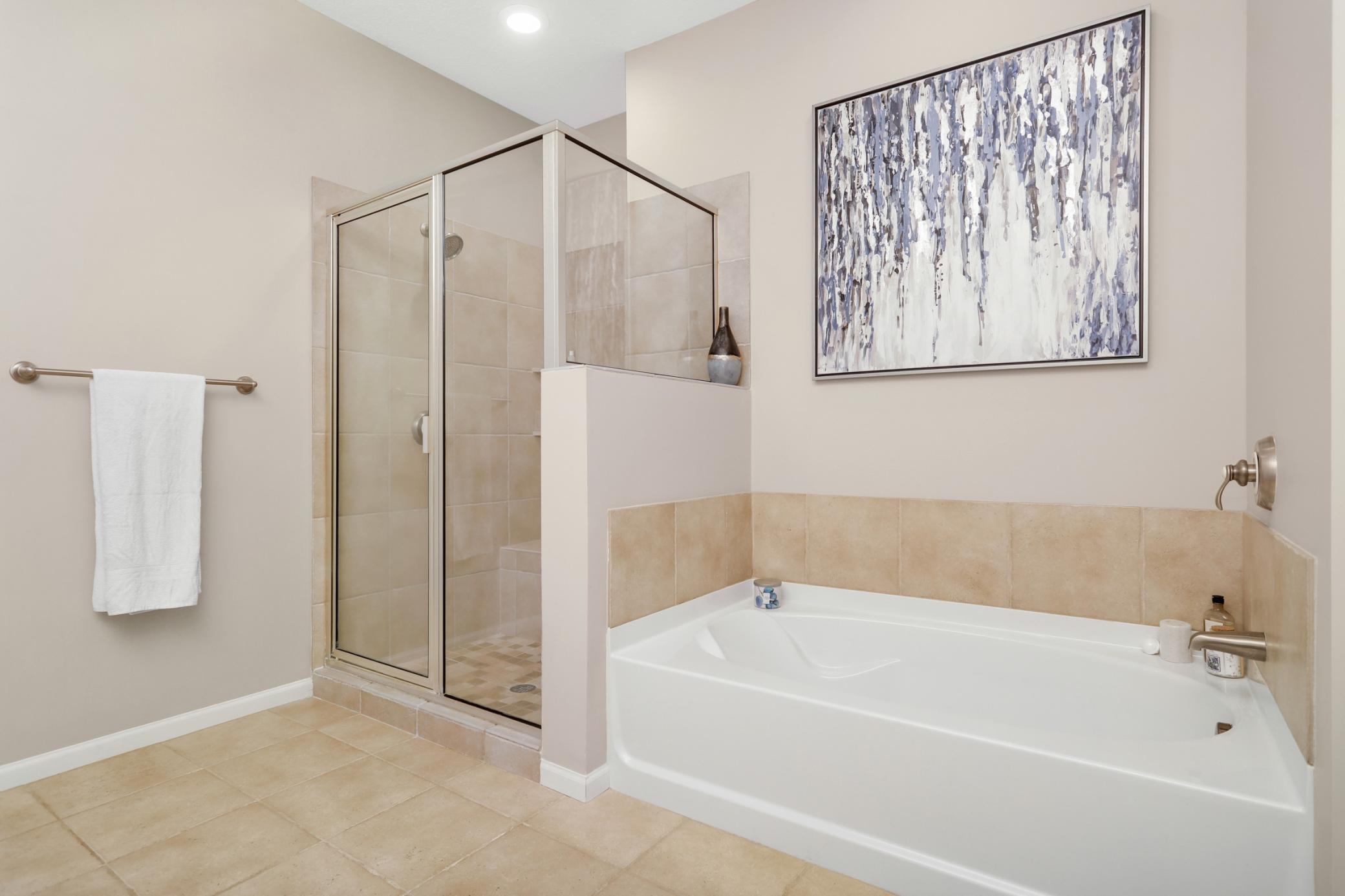 Separate tub and shower in the primary bath.