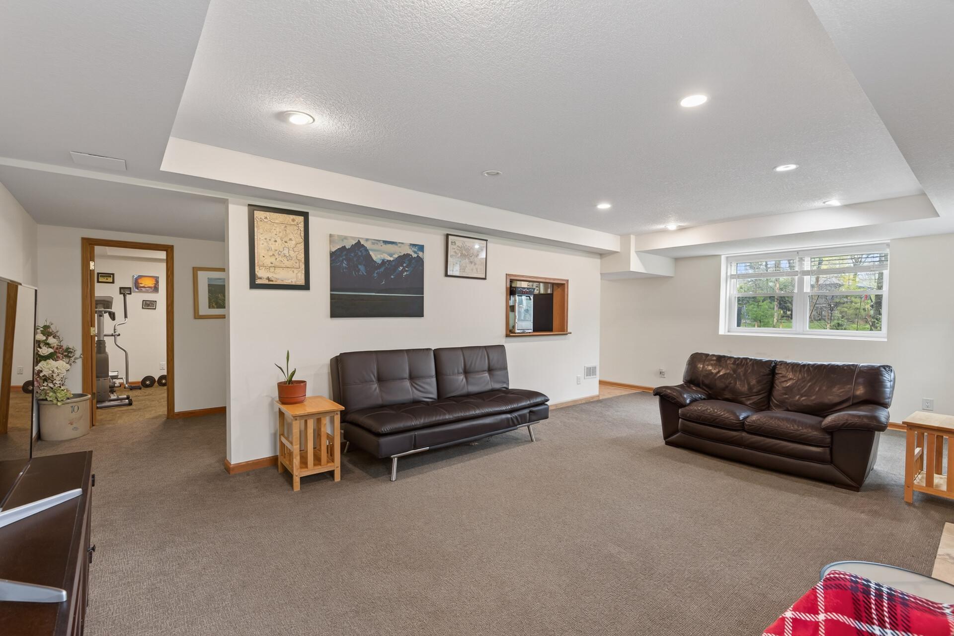 Spacious lower level family room.