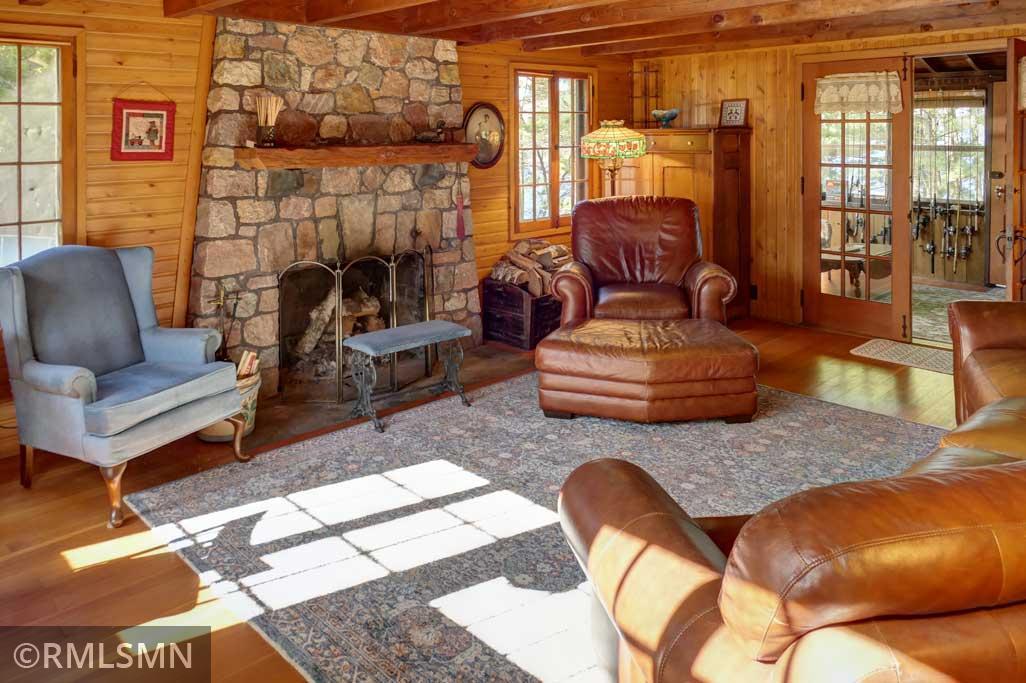 The cabin aesthetics include the exposed beam ceiling.