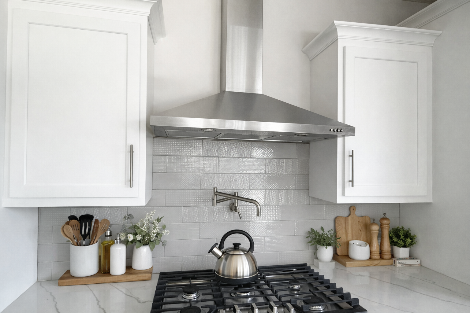 The kitchen blends style and function with a handy POT FILLER FAUCET above THE GAS COOKTOP, a WALK IN PANTRY, abundant white cabinetry & QUARTZ COUNTERTOPS that perfectly complement the elegant soft gray backsplash.