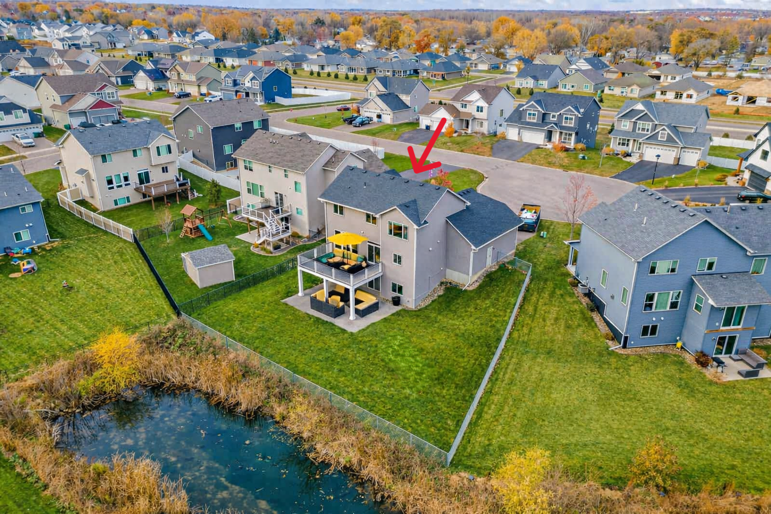 Aerial of the home and neighborhood. Low traffic cu-de-sac street & no direct neighbors to the rear is another bonus!