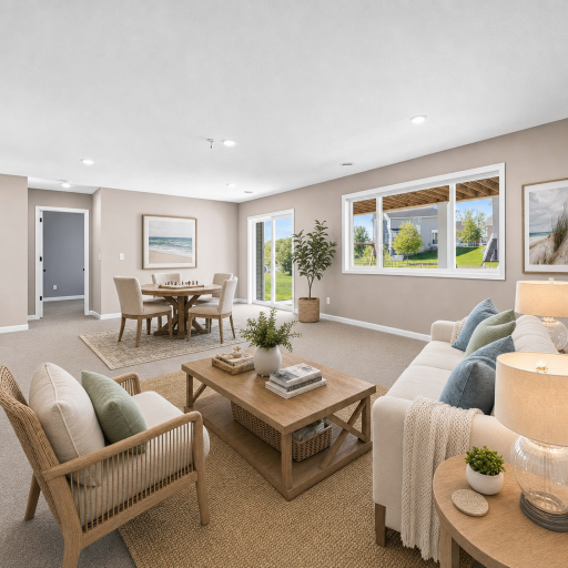 The lower-level family room walks out to a 15' x 20' concrete patio, offering plenty of space for family room and a game table. Virtually staged for inspiration.