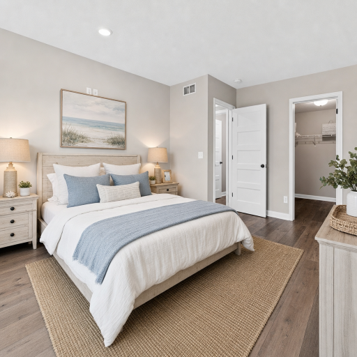 A spacious 5th bedroom in the Lower level overlooks the backyard and offers a huge walk in closet. This phot is virtually staged to depict what the room would look like with furniture.
