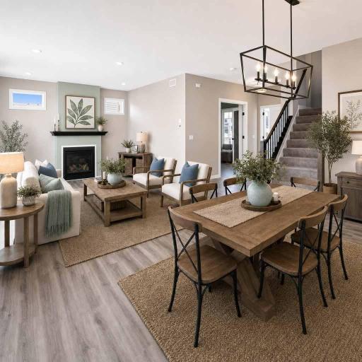 An open concept living dining and kitchen area is flooded with natural light as floor to ceiling windows grace the south facing backyard. A gas fireplace bring ambiance and warmth.
