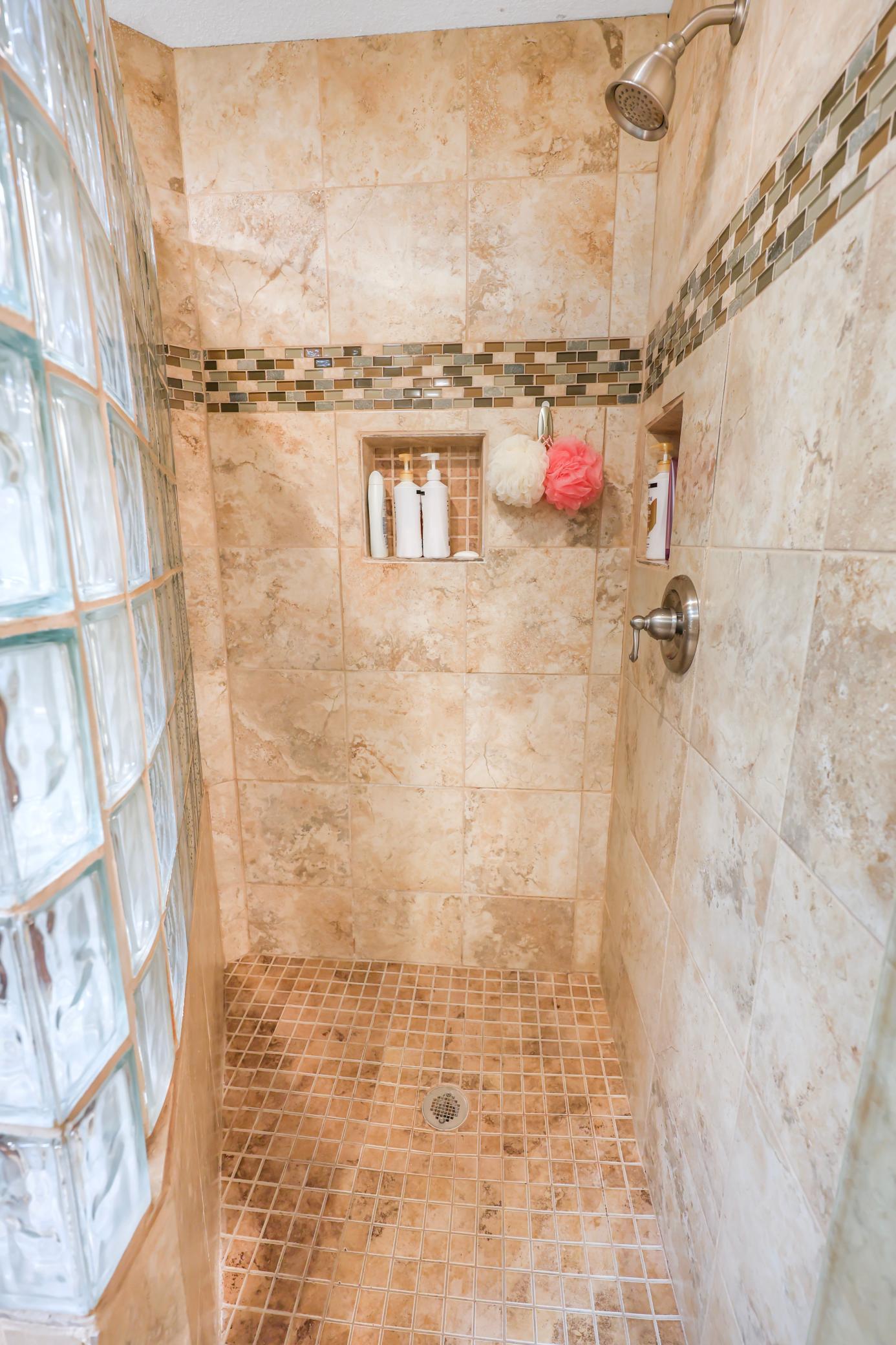 Tiled glass block shower