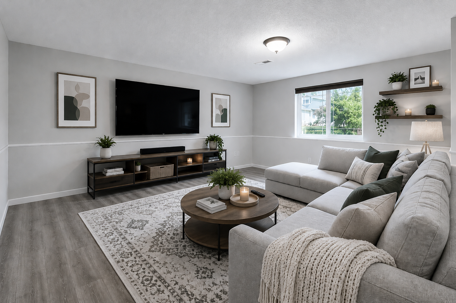 Lower level family room. Virtually staged to show potential layout and design.