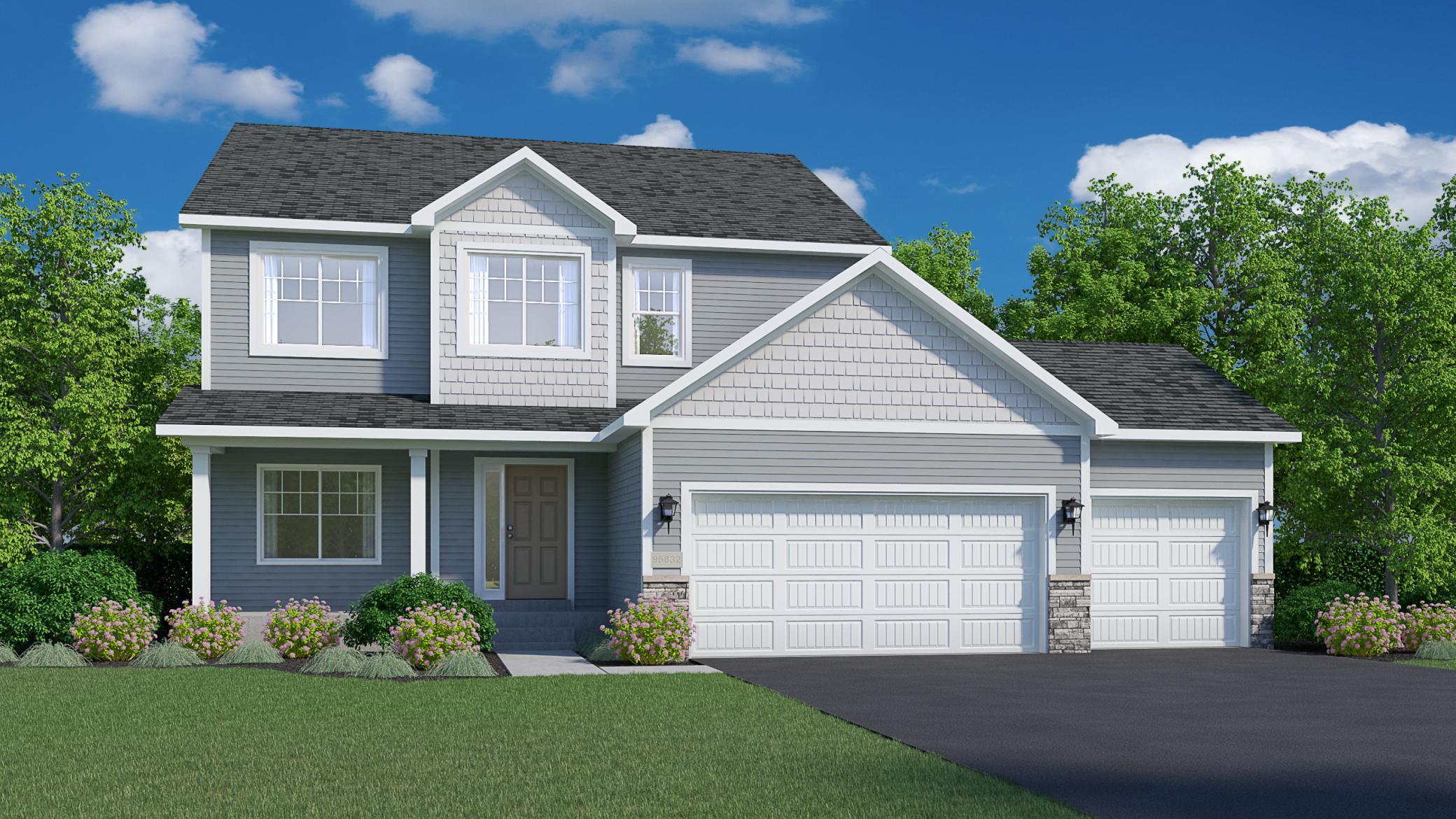 Rendering showcases Stone Accents and Concrete Front Porch. Highlights include a 4 BAY GARAGE on a WALKOUT HOMESITE! Exterior color scheme will be different than shown. Rendering may not depict actual plan, material, & finishes included in this home.