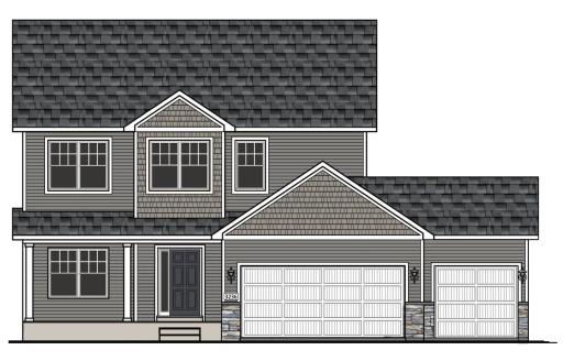 9686 32nd St NE - Rendering showcases exterior color scheme selected for this home including stone accents. Sod, Irrigation System, and Front Plantings included. Home will be ready for Move-in on 6/9/2026! Rendering may not depict exact color match.