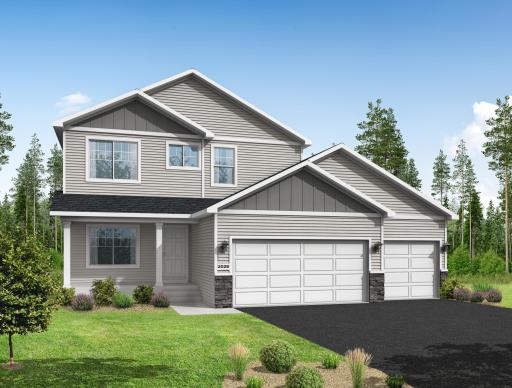 Rendering showcases Stone Accents & Concrete Front Porch. Highlights include a 4 BAY GARAGE located on a WALKOUT HOMESITE! Exterior color scheme will be different than shown. Rendering may not depict actual plan, material, & finishes included.
